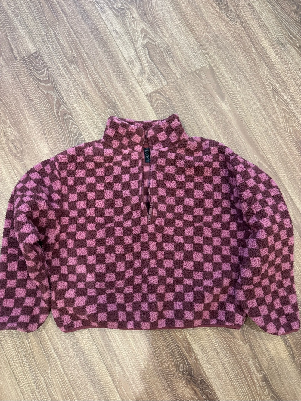 Cotton On Checkerboard Pullover Fleece Jacket - Pink/Burgundy women’s L crop
